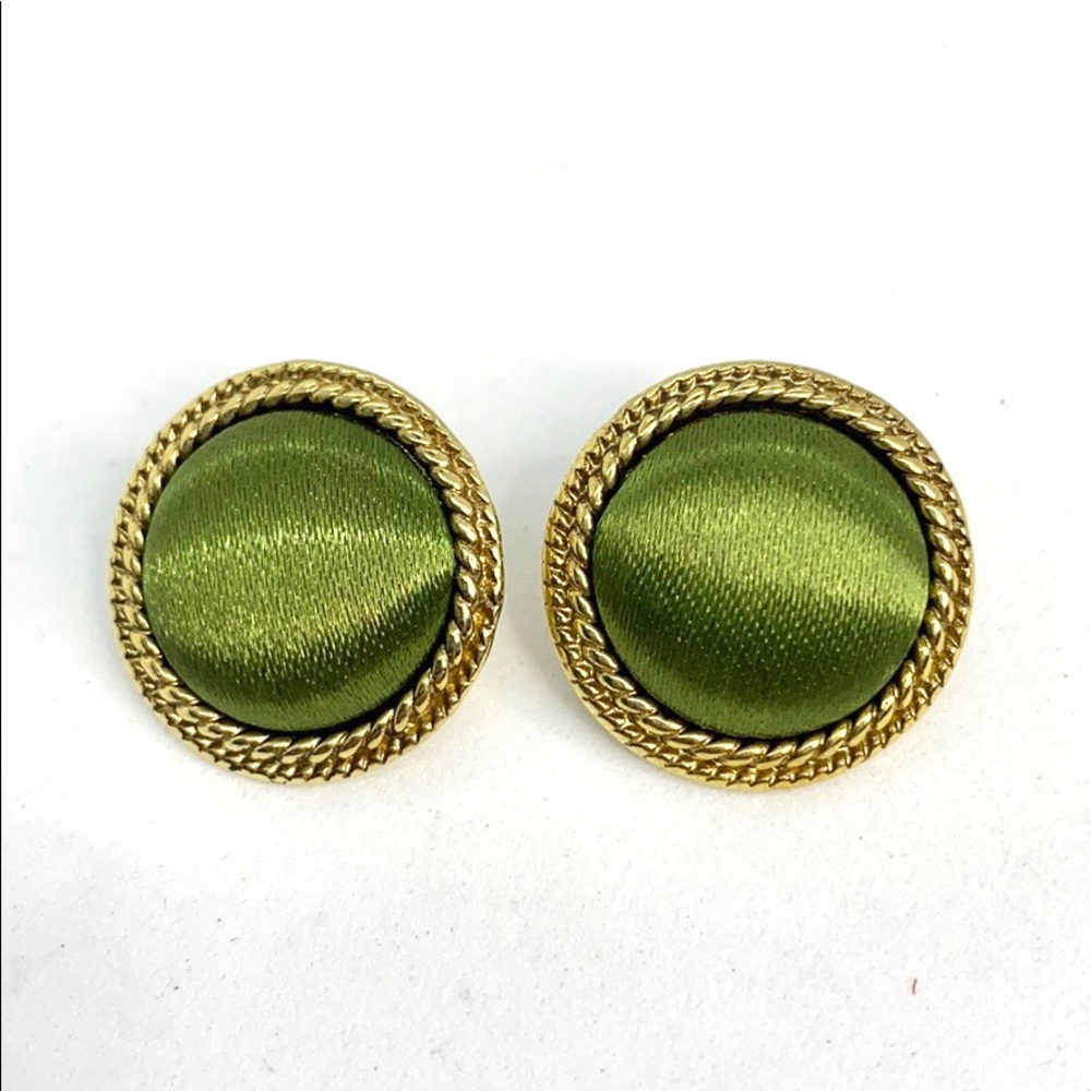 Vintage olive green silky button earrings